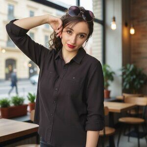 Gap Black Herringbone Long Sleeve Button Down Utility Shirt Ladies Med NWT Core